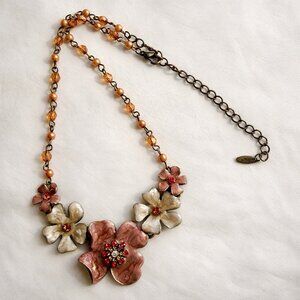Vintage VCLM Floral Statement Necklace Rhinestone Flower Beaded 16" to 18"